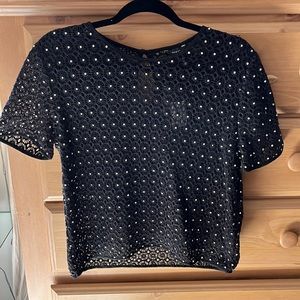 Guess Jet Black Circular Lace Top Crocheted/Rhinestones Small Never Worn/Tags